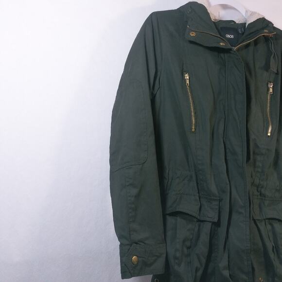 Asos Army Green Utility Jacket Quilted Liner Sherpa lined Hood Size 2 - Picture 3 of 13